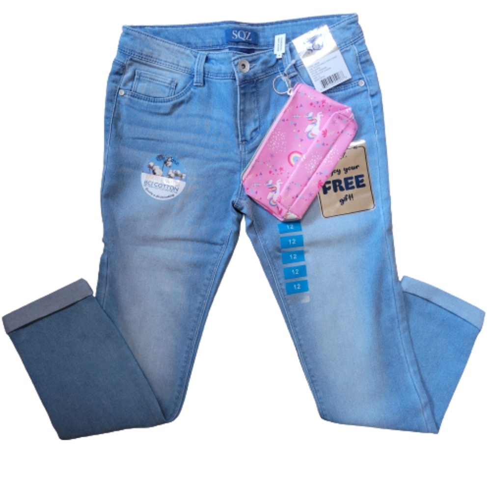 SQZ Rolled Ankle Crop Denim Bonus Unicorn Coin Bag  Stretch  Girl's Size 12  NEW